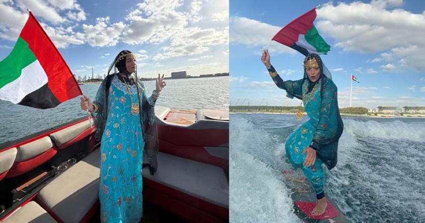 Dubai athlete surfs in traditional Emirati attire, pays tribute to second home